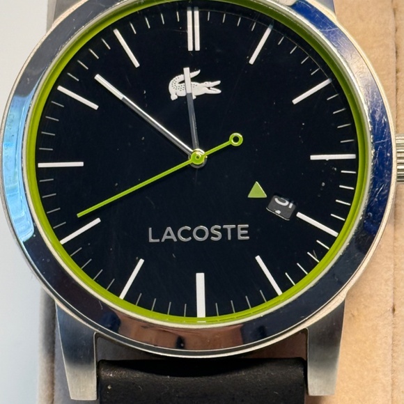 Lacoste Men’s Black Dial Leather Strap Watch Date Stainless Steel - Picture 2 of 7